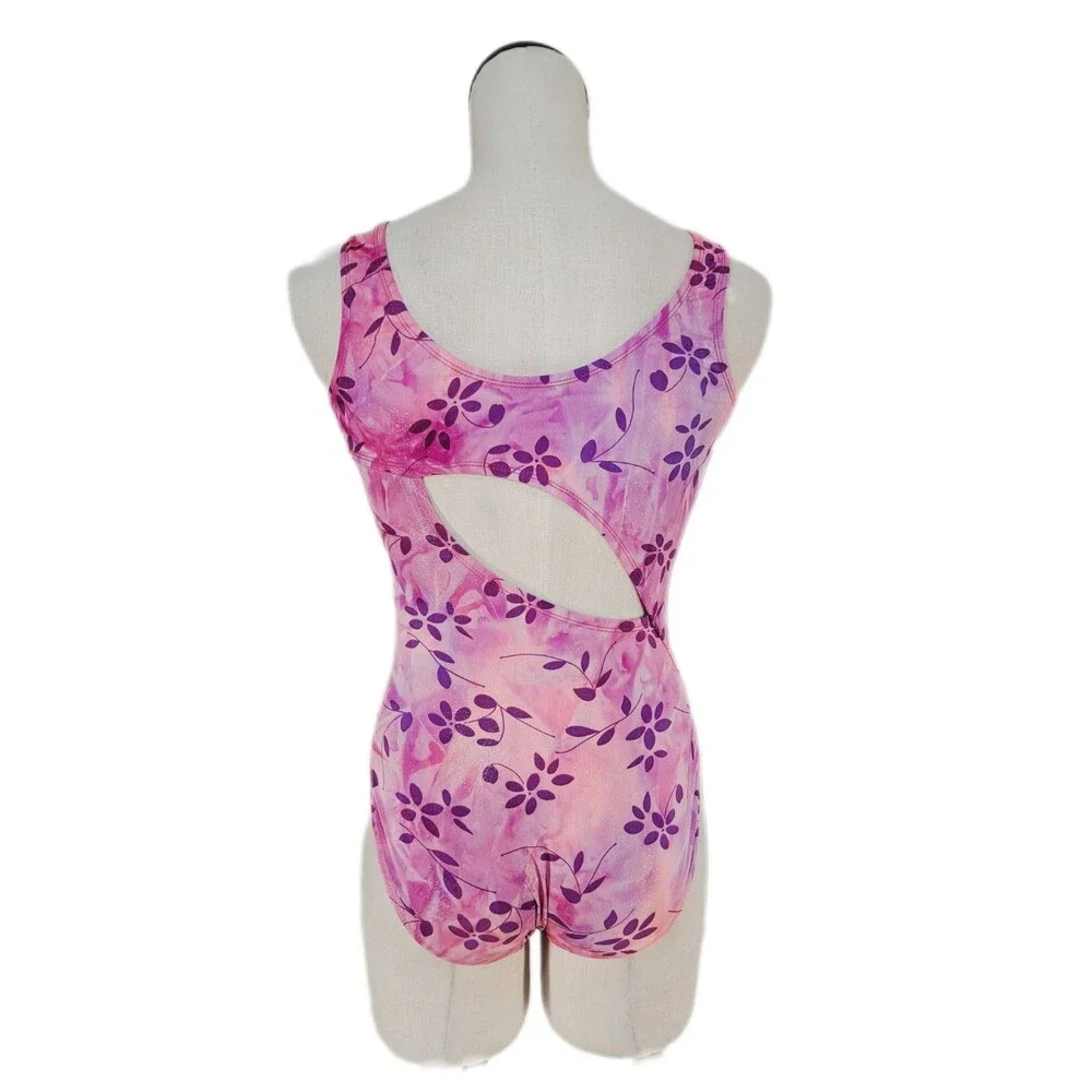 Satara VTG Asymmetric Cutout Glittered Floral Tank Leotard Size AL Pink Marble - Picture 8 of 16